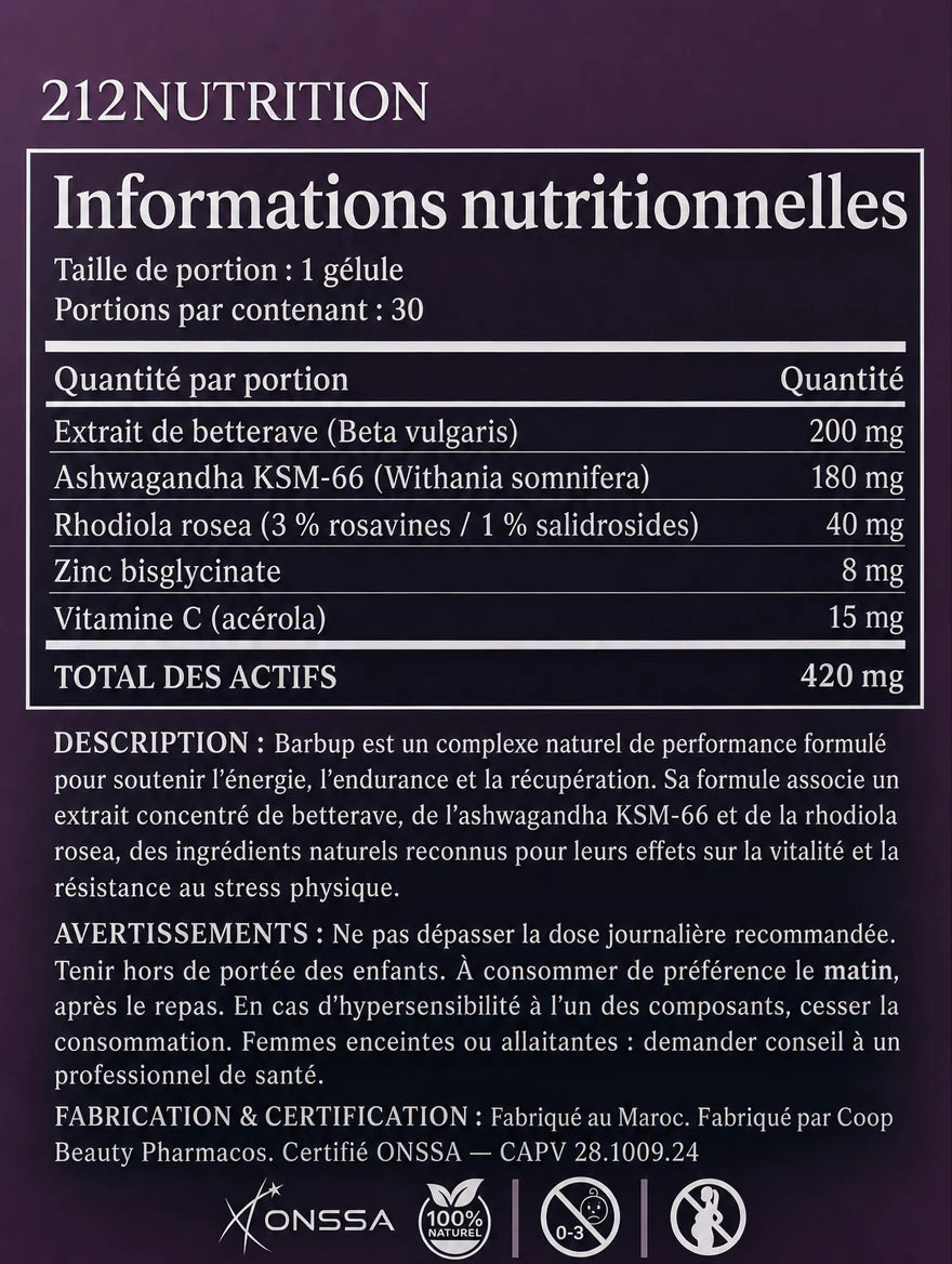 Informations nutritionnelles de Barbup : composition par gélule, description, avertissements et certification ONSSA